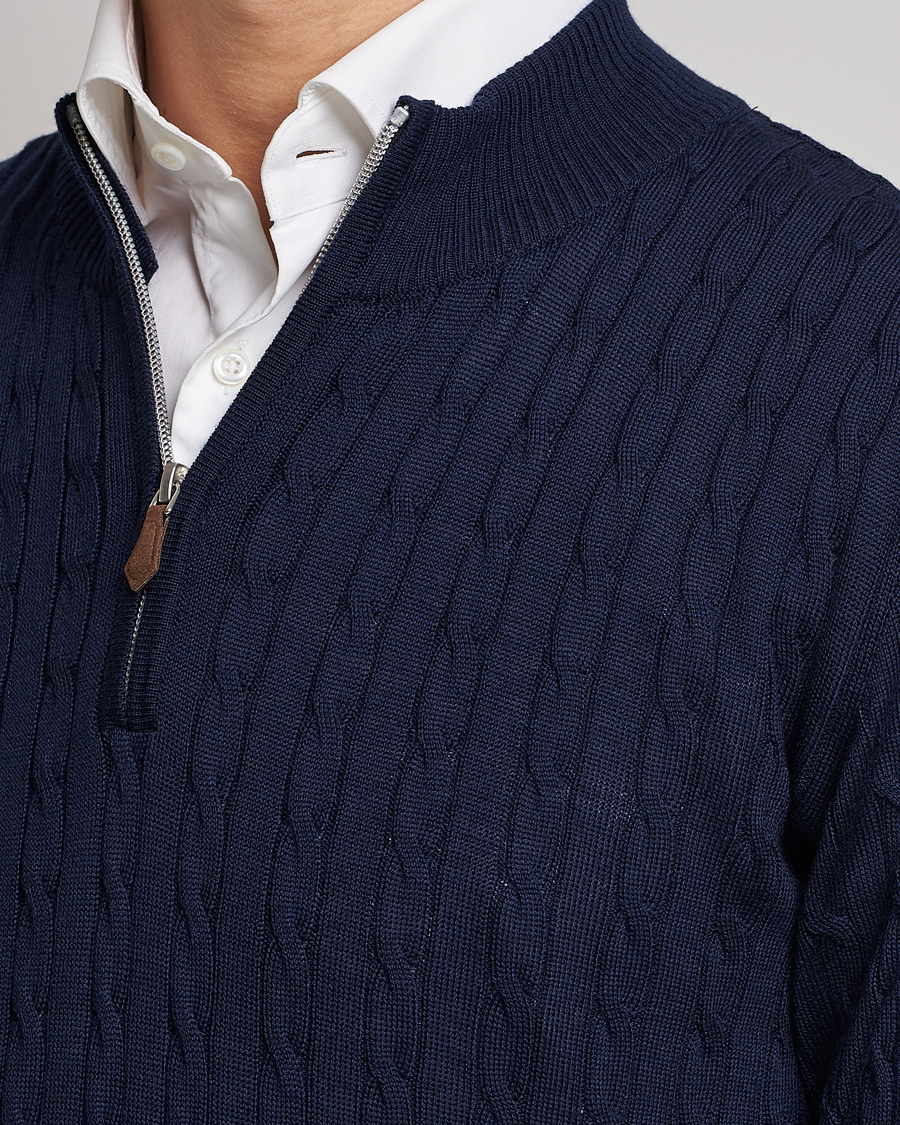 Heren | Truien | Stenströms | Merino Cable Half Zip Navy
