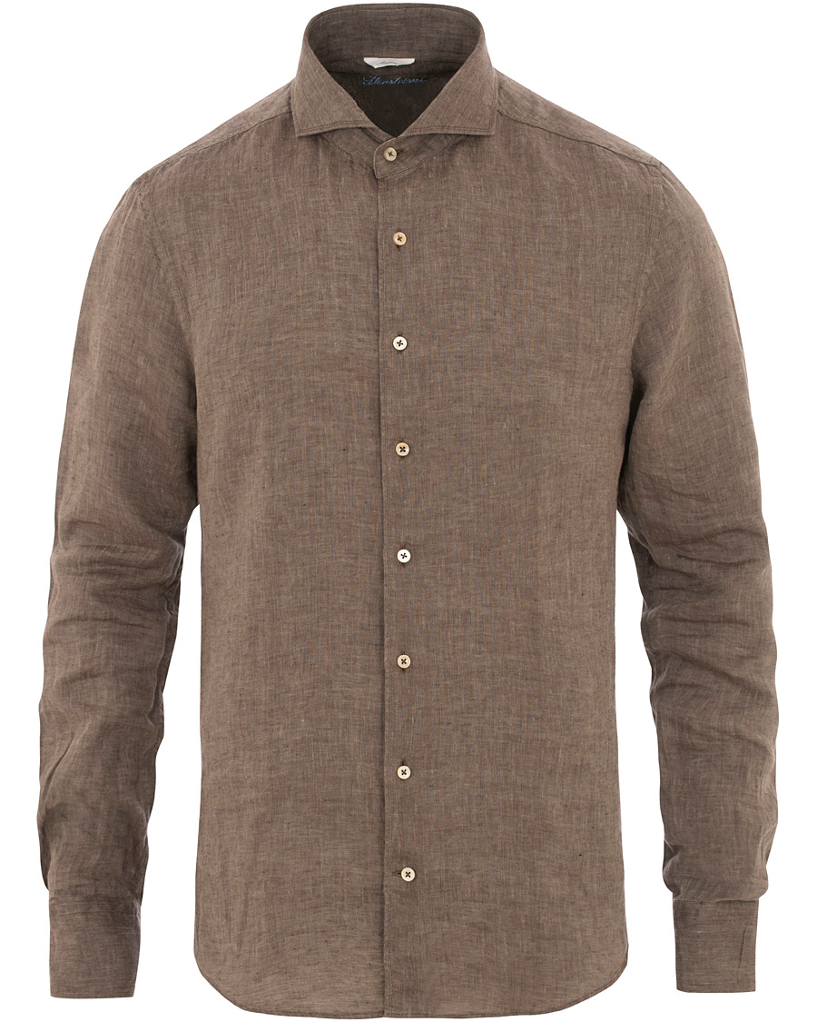 Heren | Overhemden | Stenströms | Slimline Cut Away Linen Shirt Brown