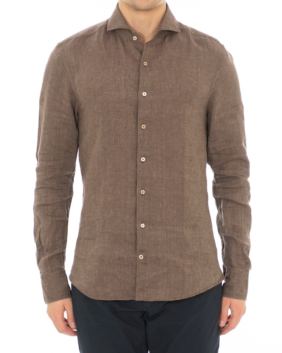 Heren | Overhemden | Stenströms | Slimline Cut Away Linen Shirt Brown