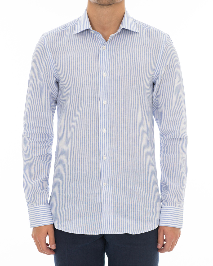 Homme | Chemises | Canali | Striped Linen Shirt Light Blue