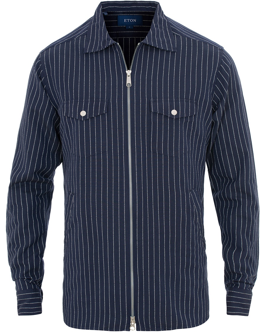 Homme | Chemises | Eton | Slim Fit Twill Pinstripe Zip Over Shirt Blue