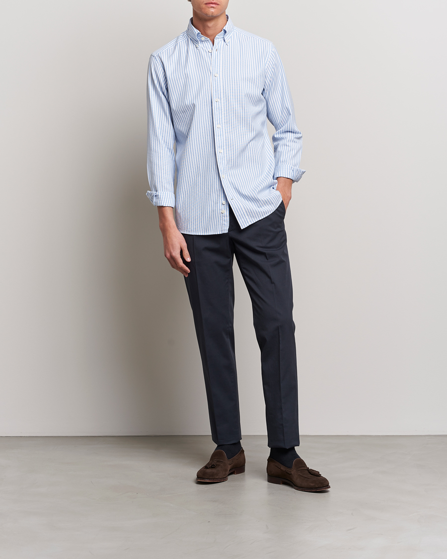 Heren | Overhemden | Eton | Slim Fit Royal Oxford Stripe Button Down Light Blue