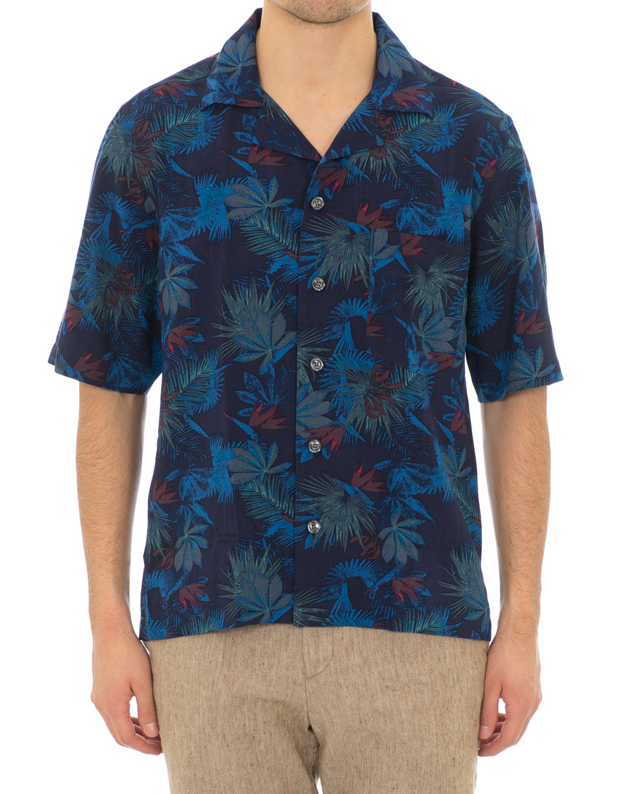 Heren | Overhemden | Oscar Jacobson | Hilmer Camp Collar Printed Flower Short Sleeve Shirt Blue