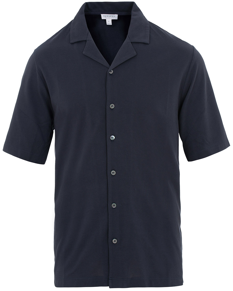 Homme | Chemises | Sunspel | Short Sleeve Pique Shirt Navy