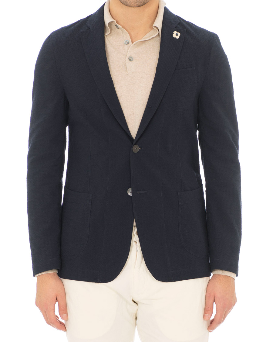 Homme | Blazers | Lardini | Unlined Seersucker Patch Pocket Shirt Blazer Navy