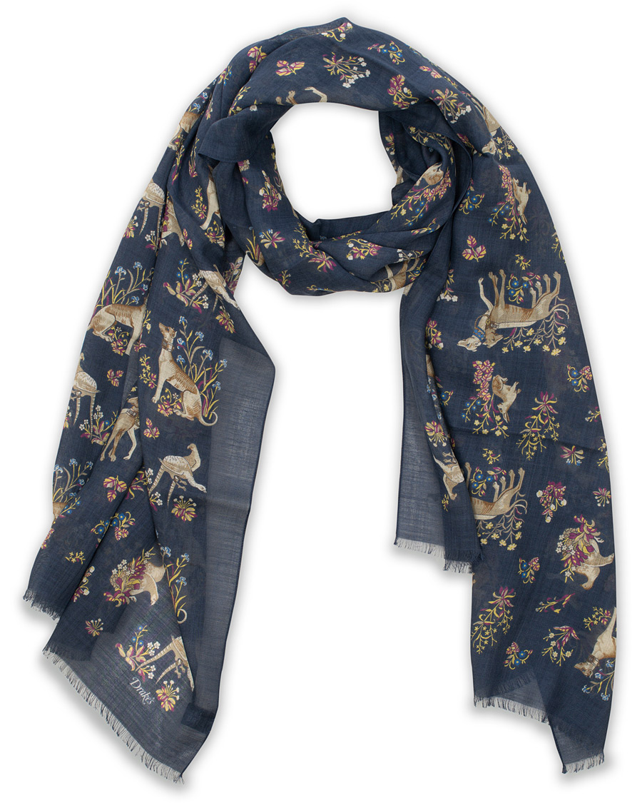 Homme | Drake's Wool/Silk Classic Dog Print Scarf Navy | Drake's | Wool/Silk Classic Dog Print Scarf Navy