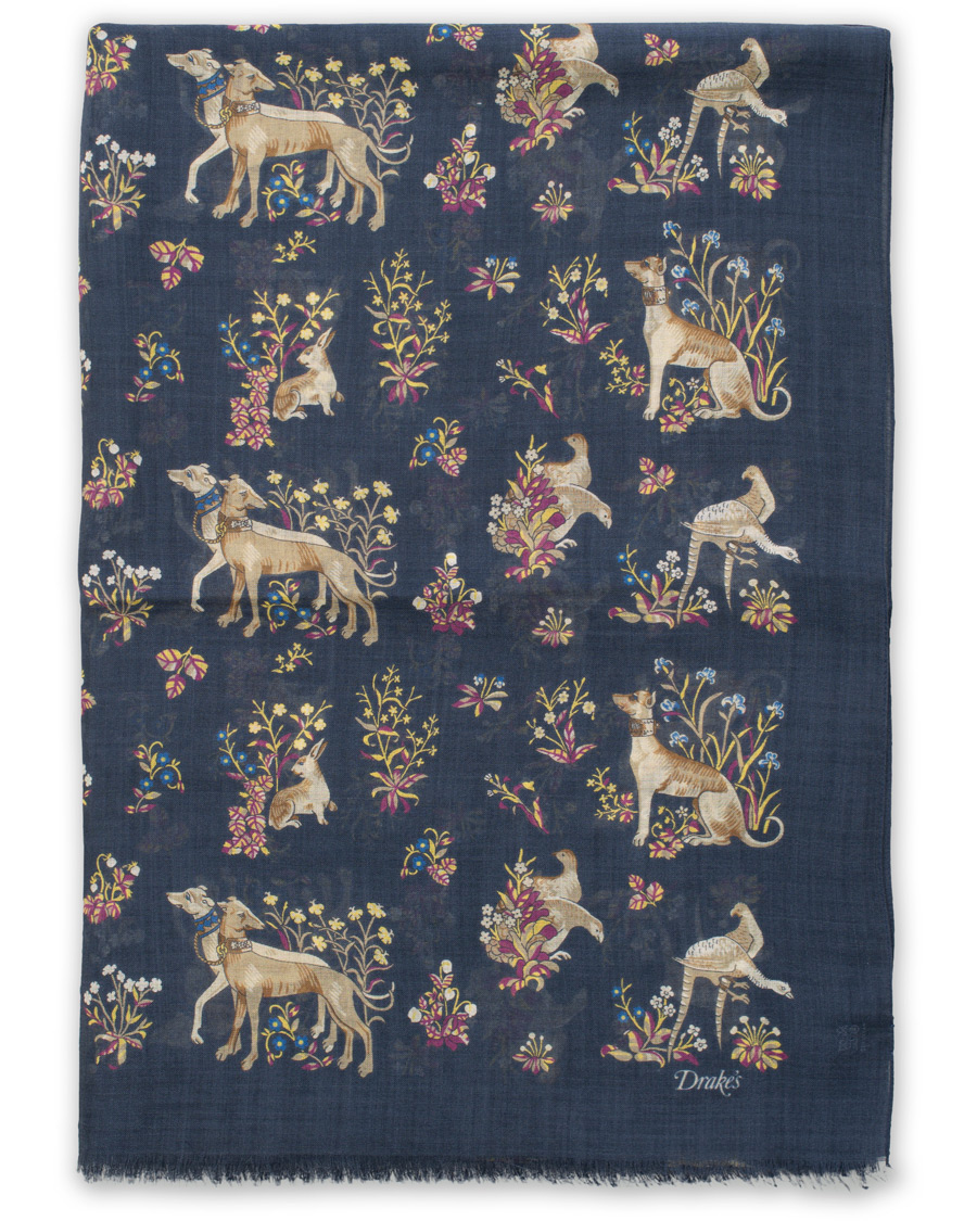 Homme | Drake's Wool/Silk Classic Dog Print Scarf Navy | Drake's | Wool/Silk Classic Dog Print Scarf Navy