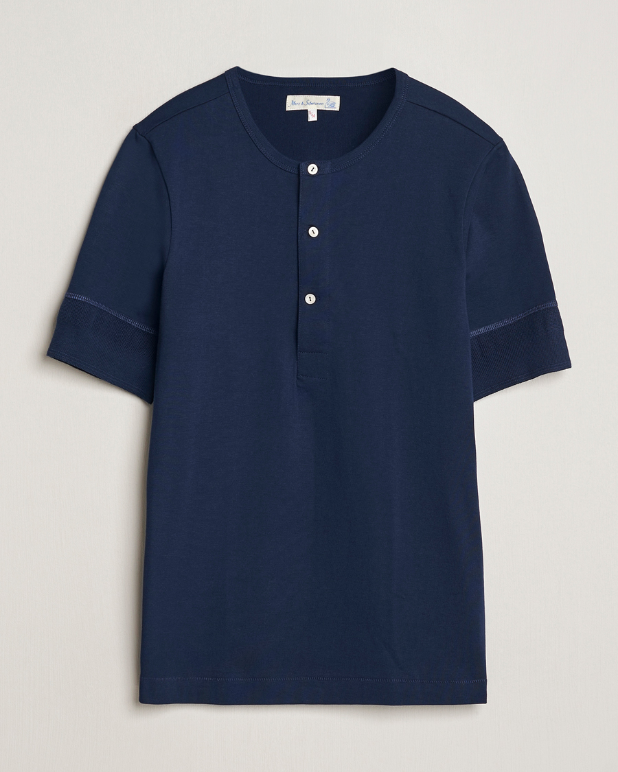 Homme | Pulls Et Tricots | Merz b. Schwanen | Short Sleeve Organic Cotton Henley Ink Blue