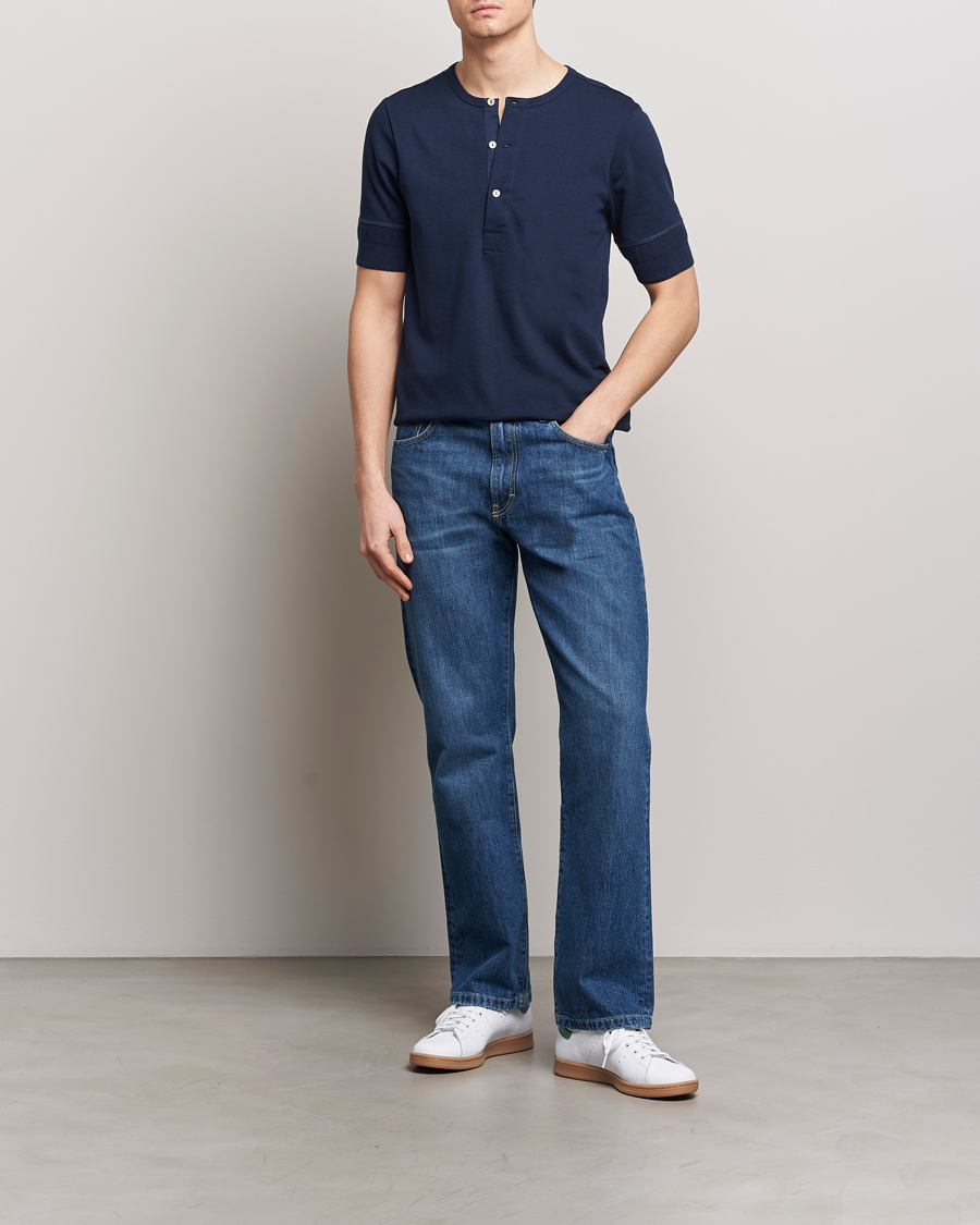 Homme | Pulls Et Tricots | Merz b. Schwanen | Short Sleeve Organic Cotton Henley Ink Blue