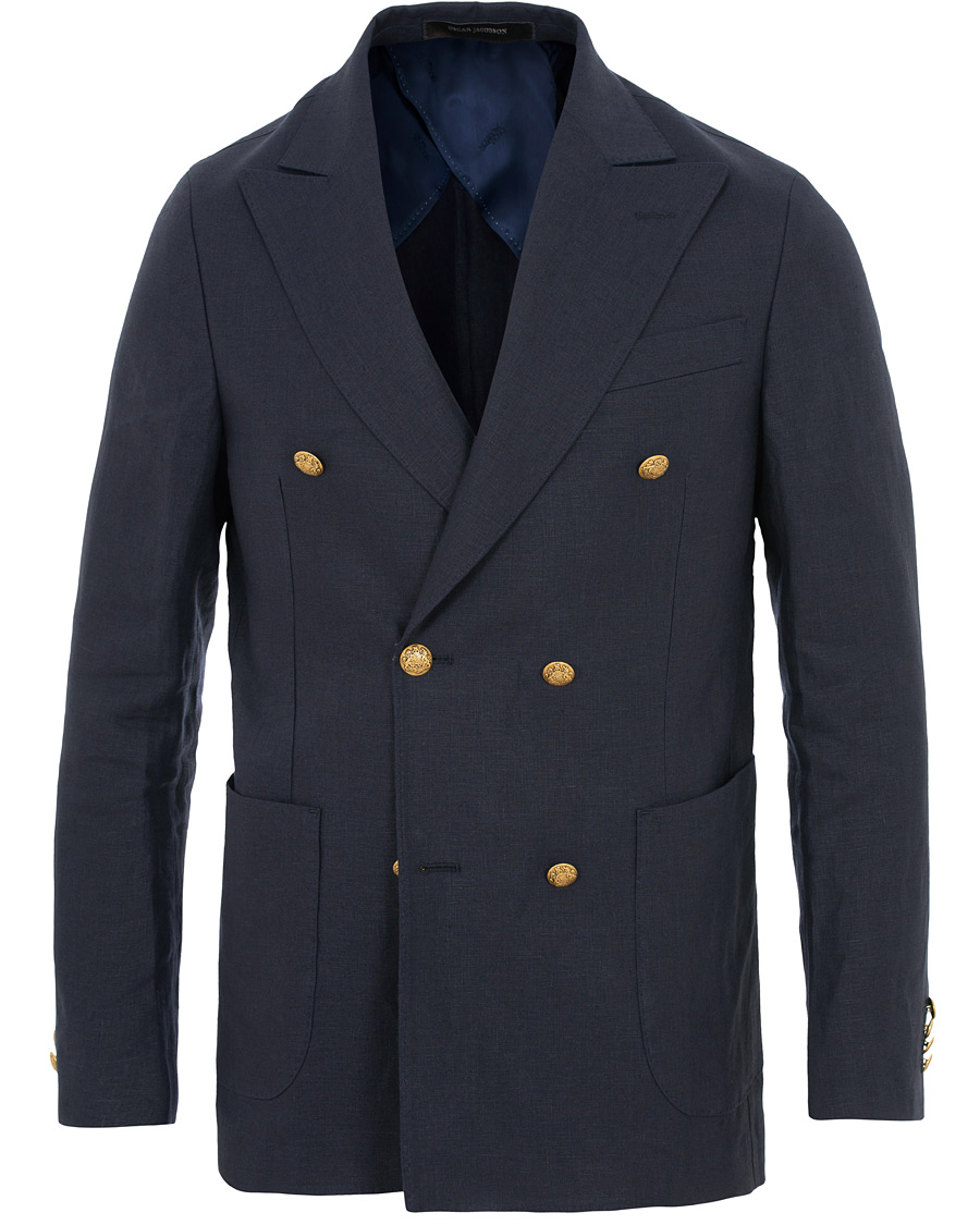 Homme | Blazers | Oscar Jacobson | Erik Double Breasted Linen Blazer Navy