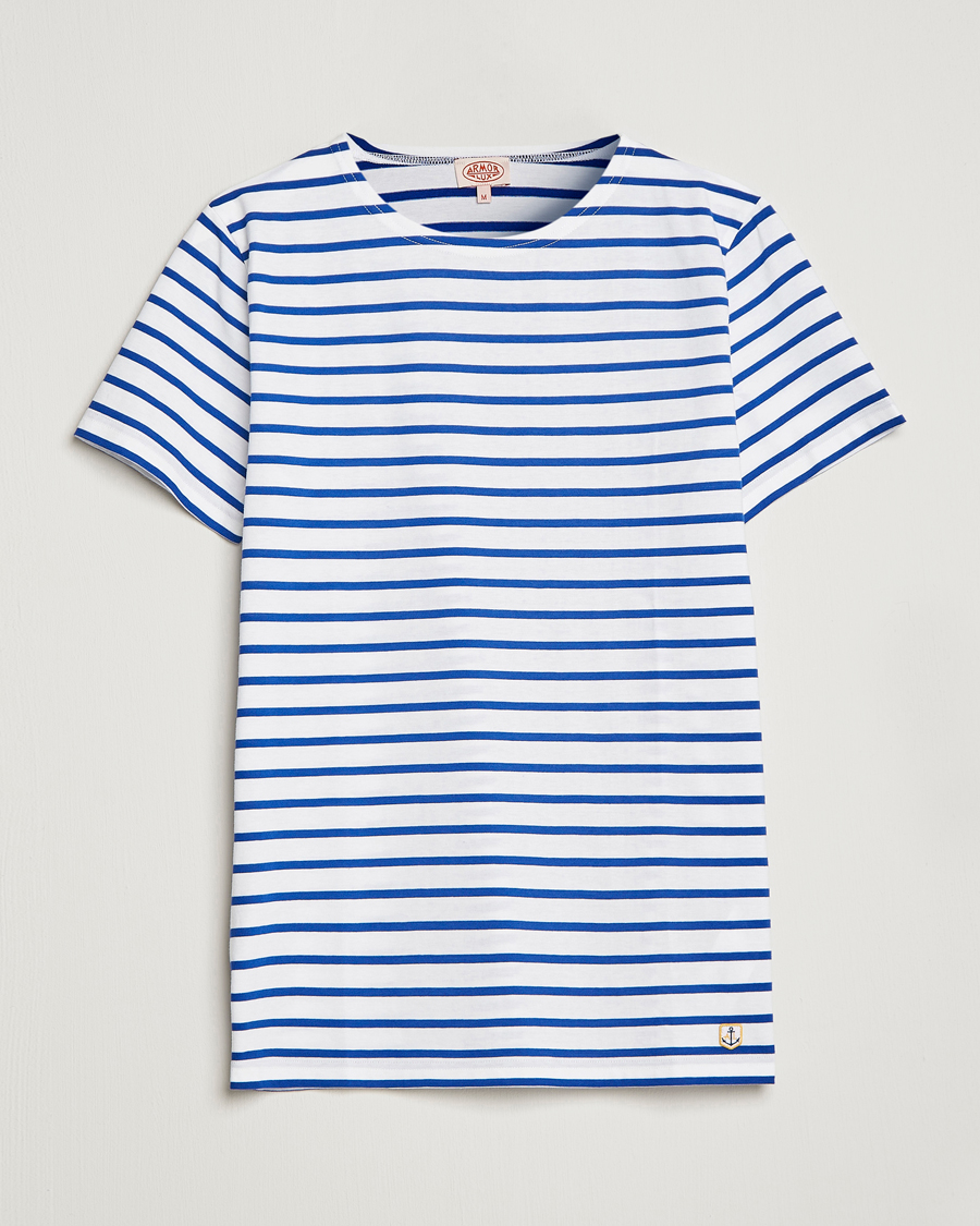 Heren | T-shirts | Armor-lux | Hoëdic Boatneck Héritage Stripe T-shirt White/Blue