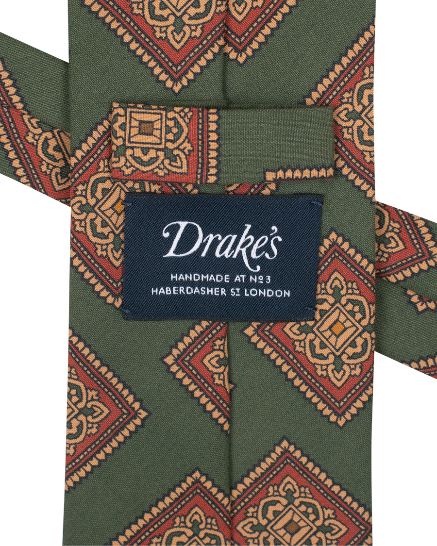Homme | Drake's Washed Silk Printed Large Square Tie 8 cm Green | Drake's | Washed Silk Printed Large Square Tie 8 cm Green