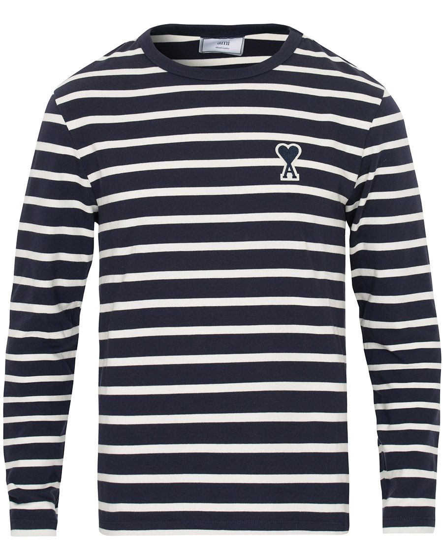 Heren | T-shirts | AMI | Striped Long Sleeve Tee Ecru/Marine