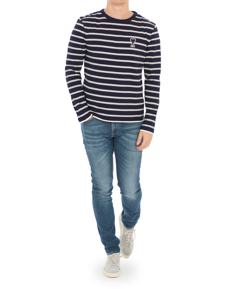 Heren | T-shirts | AMI | Striped Long Sleeve Tee Ecru/Marine
