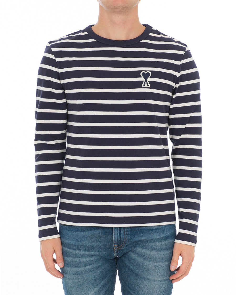 Heren | T-shirts | AMI | Striped Long Sleeve Tee Ecru/Marine