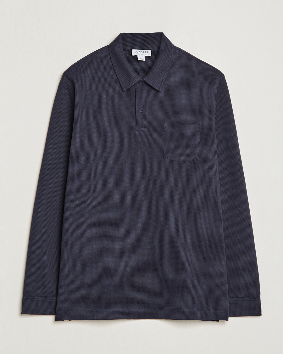 Homme | Polos | Sunspel | Long Sleeve Riviera Polo Shirt Navy