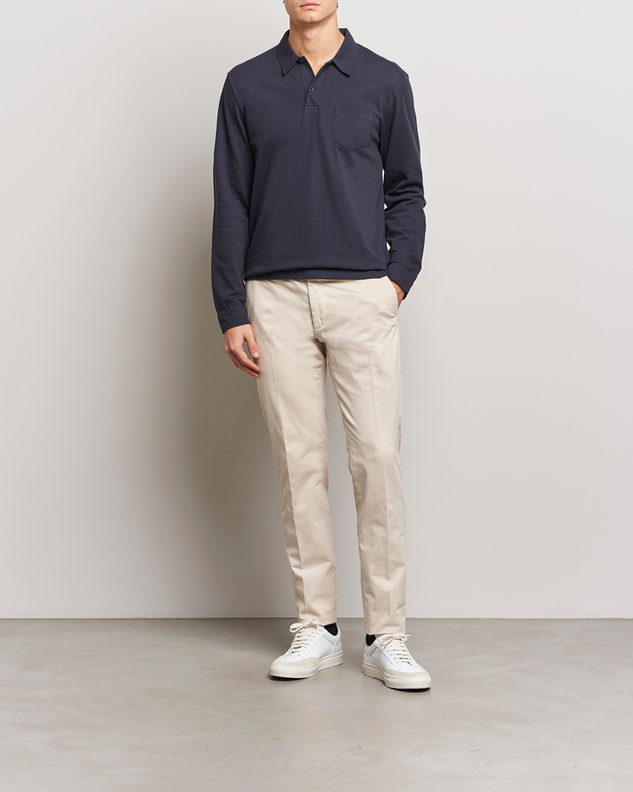 Homme | Polos | Sunspel | Long Sleeve Riviera Polo Shirt Navy