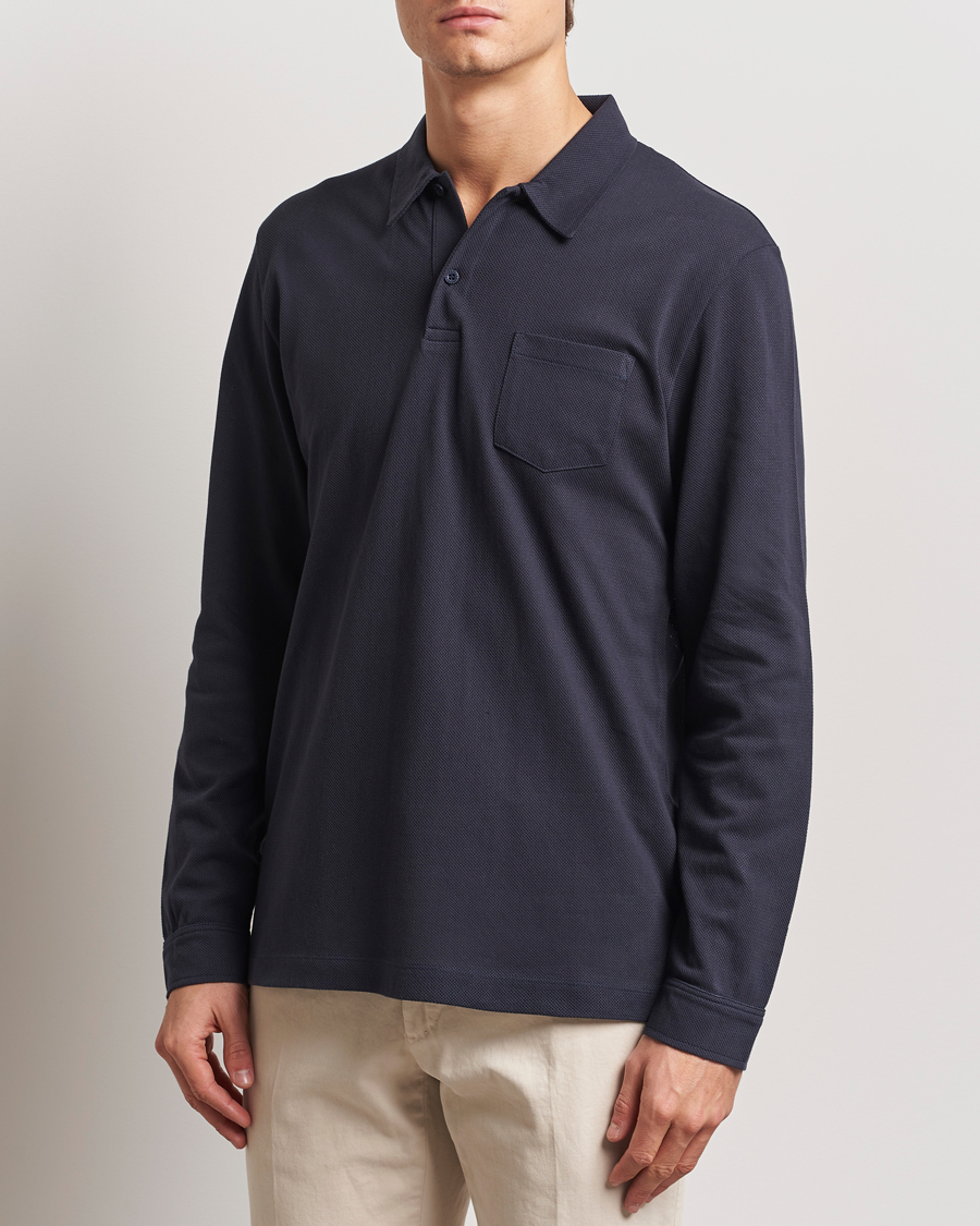 Homme | Polos | Sunspel | Long Sleeve Riviera Polo Shirt Navy