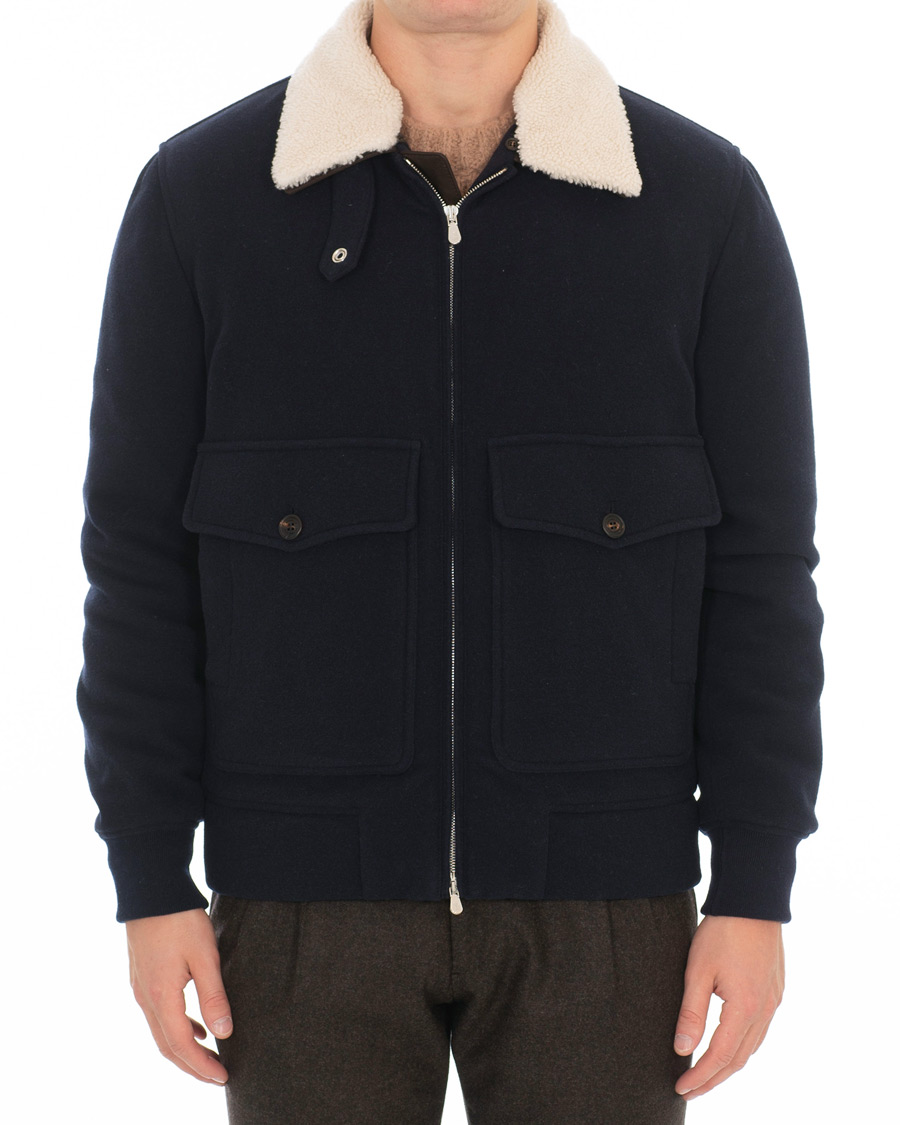 Homme | Manteaux Et Vestes | Brunello Cucinelli | Cashmere Blend Shearling Collar Jacket Navy