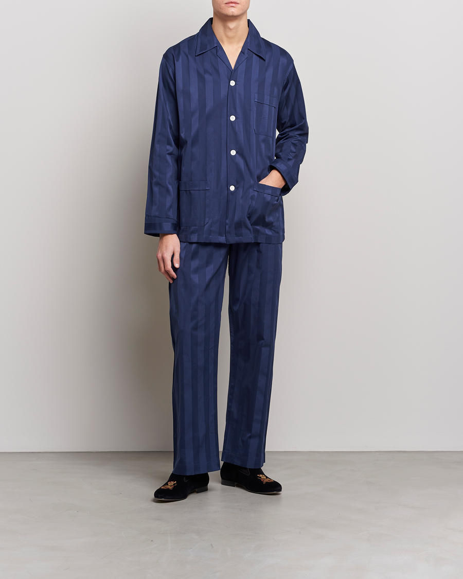 Homme | Peignoirs Et Pyjamas | Derek Rose | Striped Cotton Satin Pyjama Set Navy
