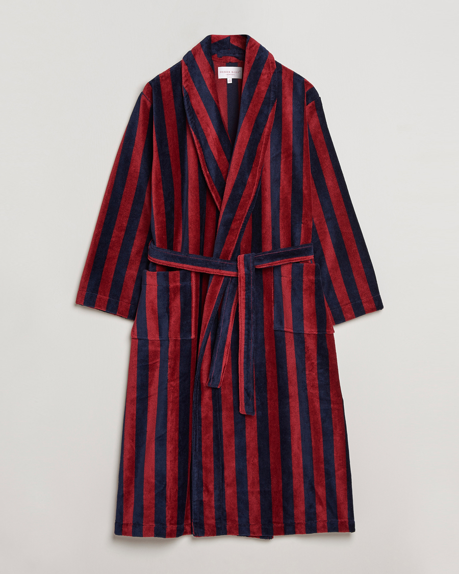 Heren | Pyjama's en gewaden | Derek Rose | Cotton Velour Striped Gown Red/Blue