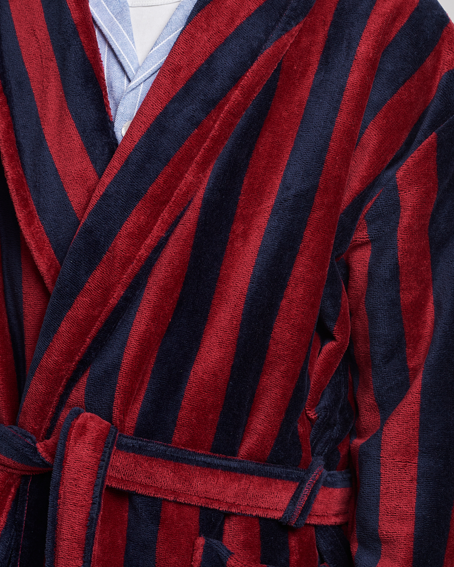 Heren | Pyjama's en gewaden | Derek Rose | Cotton Velour Striped Gown Red/Blue