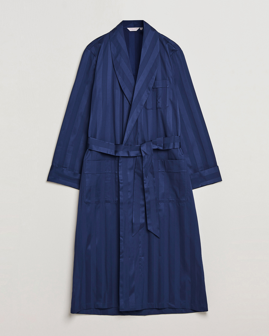Homme | Peignoirs Et Pyjamas | Derek Rose | Striped Cotton Satin Dressing Gown Navy/Navy