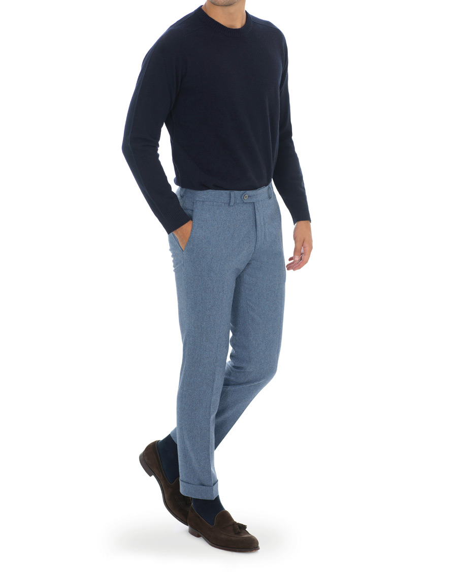 Heren | Broeken | Oscar Jacobson | Dean Turn Up Flannel Trousers Light Blue