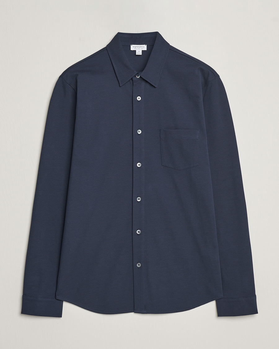 Heren | Overhemden | Sunspel | Long Sleeve Button Down Pique Shirt Navy