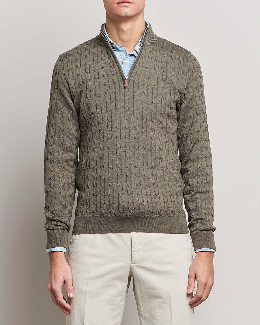 Homme | Pulls Et Tricots | Stenströms | Merino Wool Cable Half Zip Olive