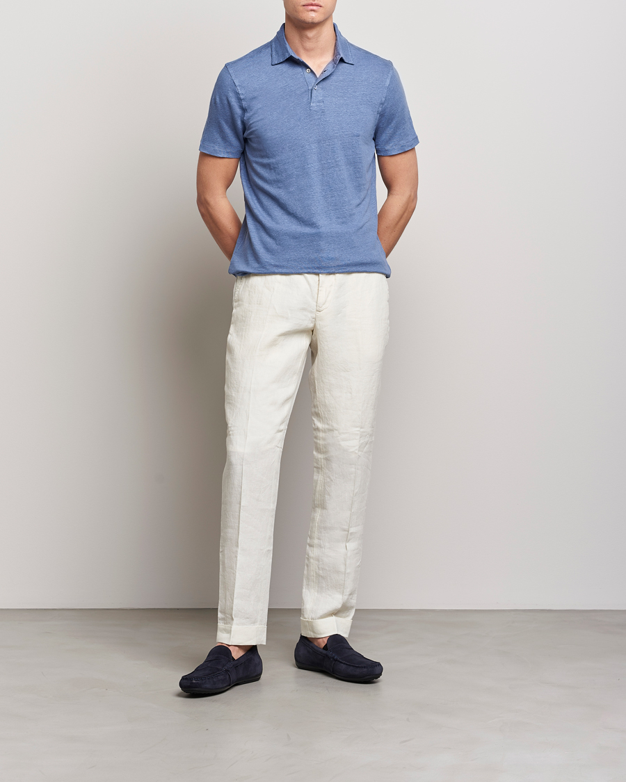 Homme | Polos | Stenströms | Linen Polo Shirt Mid Blue