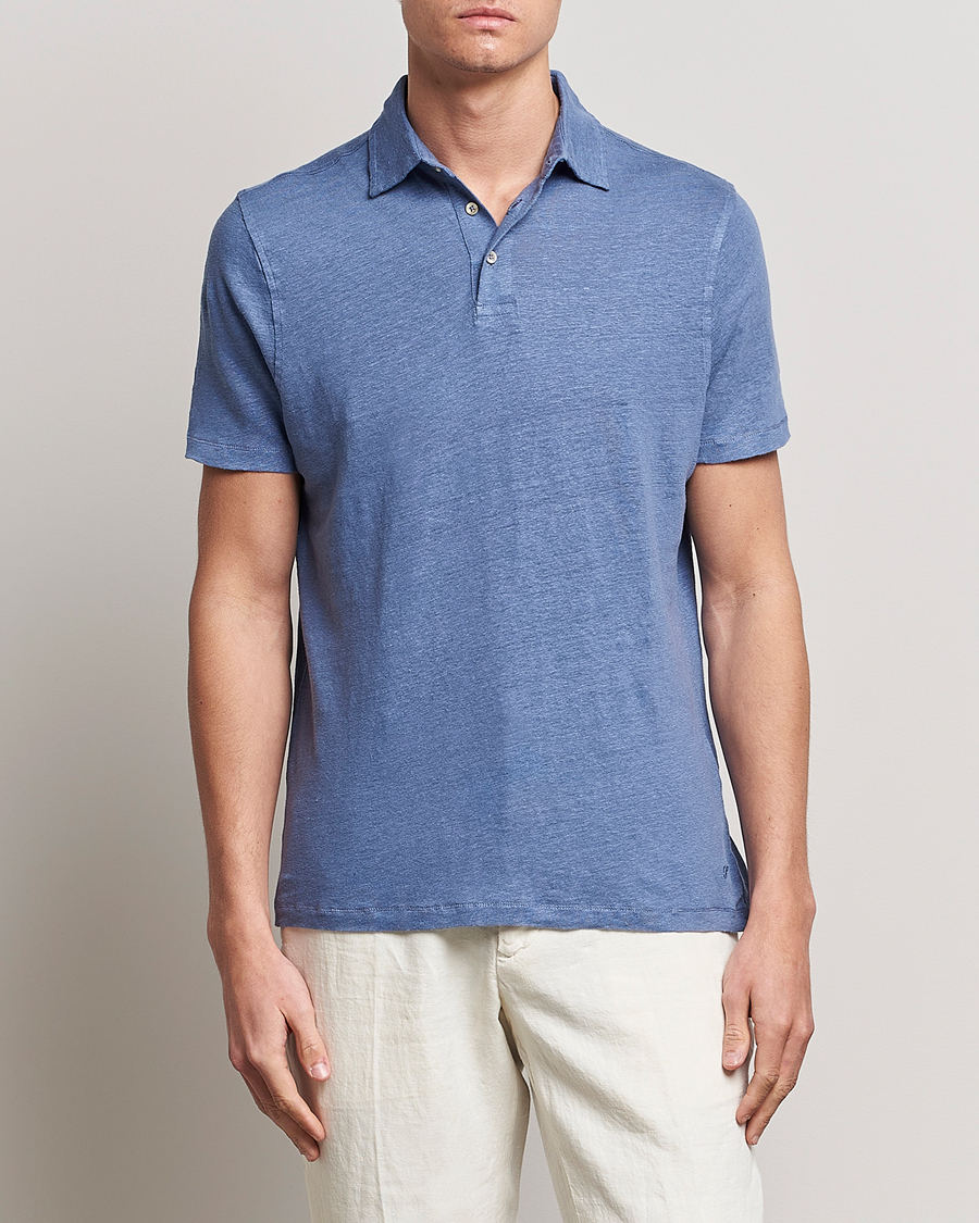 Homme | Polos | Stenströms | Linen Polo Shirt Mid Blue