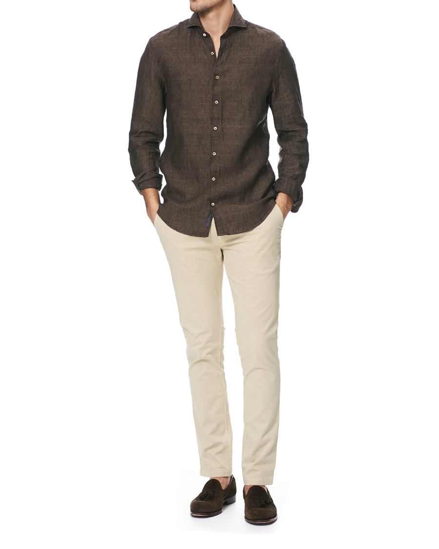Homme | Chemises | Stenströms | Slimline Linen Cut Away Shirt Brown