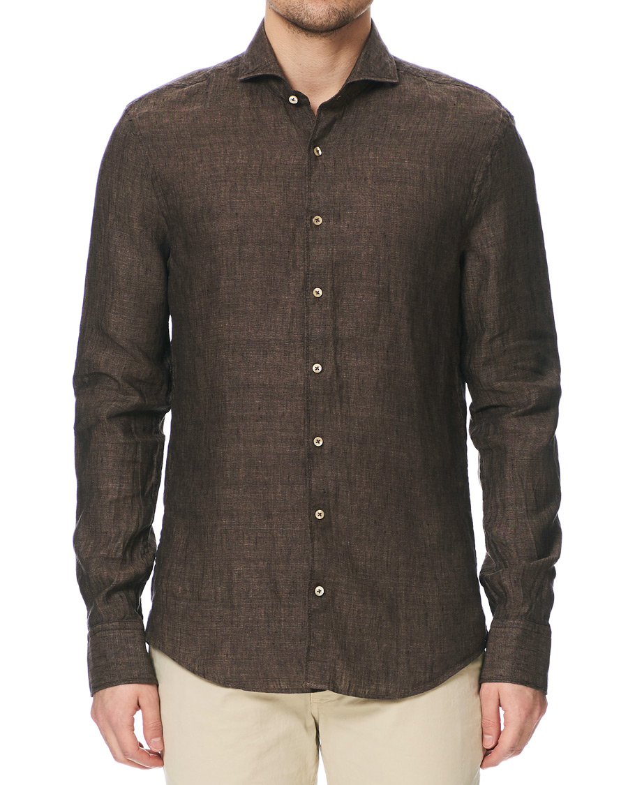 Homme | Chemises | Stenströms | Slimline Linen Cut Away Shirt Brown