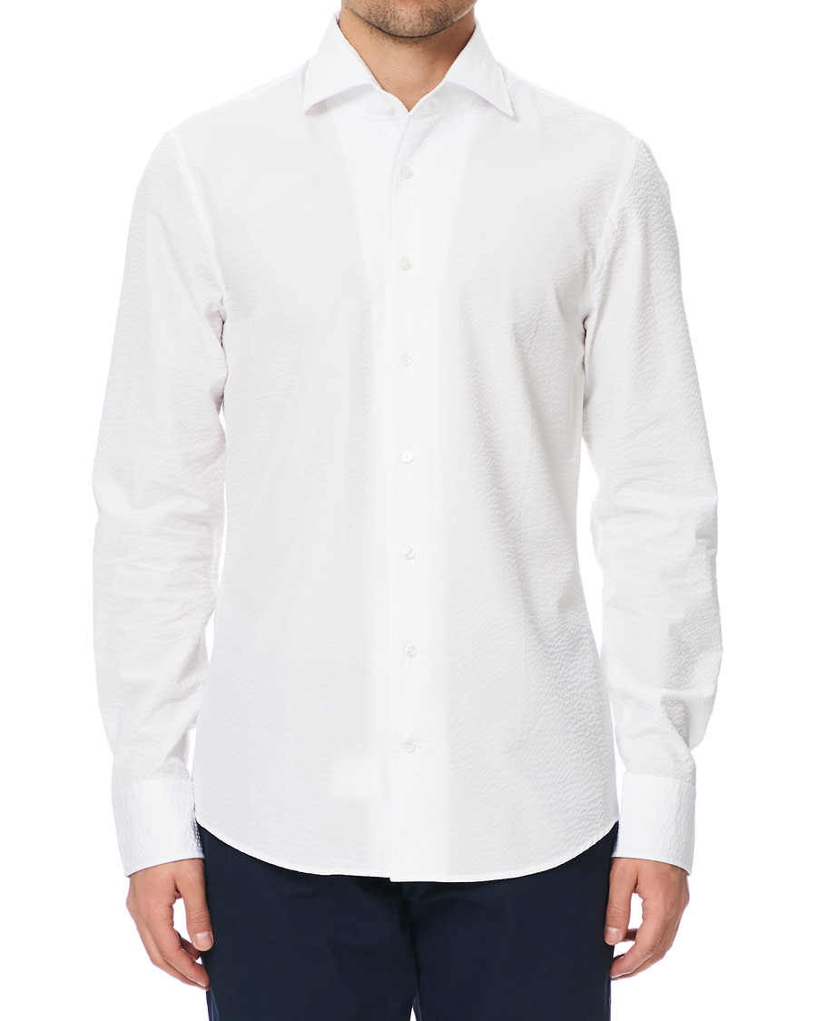 Heren | Overhemden | Stenströms | Slimline Seersucker One Piece Collar Shirt White