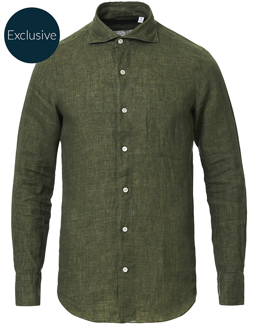 Homme | Chemises | Finamore Napoli | Tokyo Linen Pocket Sport Shirt Forest Green