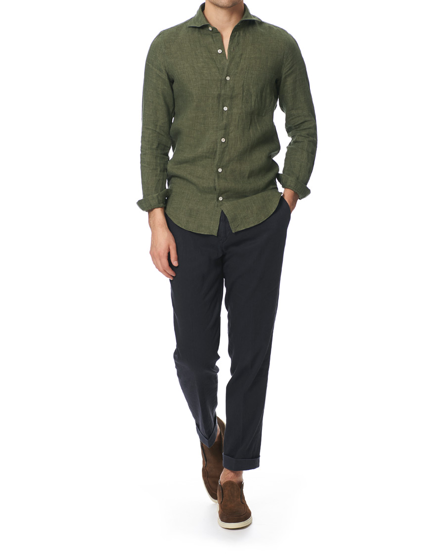 Homme | Chemises | Finamore Napoli | Tokyo Linen Pocket Sport Shirt Forest Green