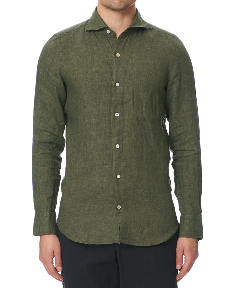Homme | Chemises | Finamore Napoli | Tokyo Linen Pocket Sport Shirt Forest Green