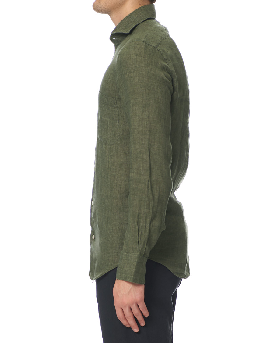 Homme | Chemises | Finamore Napoli | Tokyo Linen Pocket Sport Shirt Forest Green