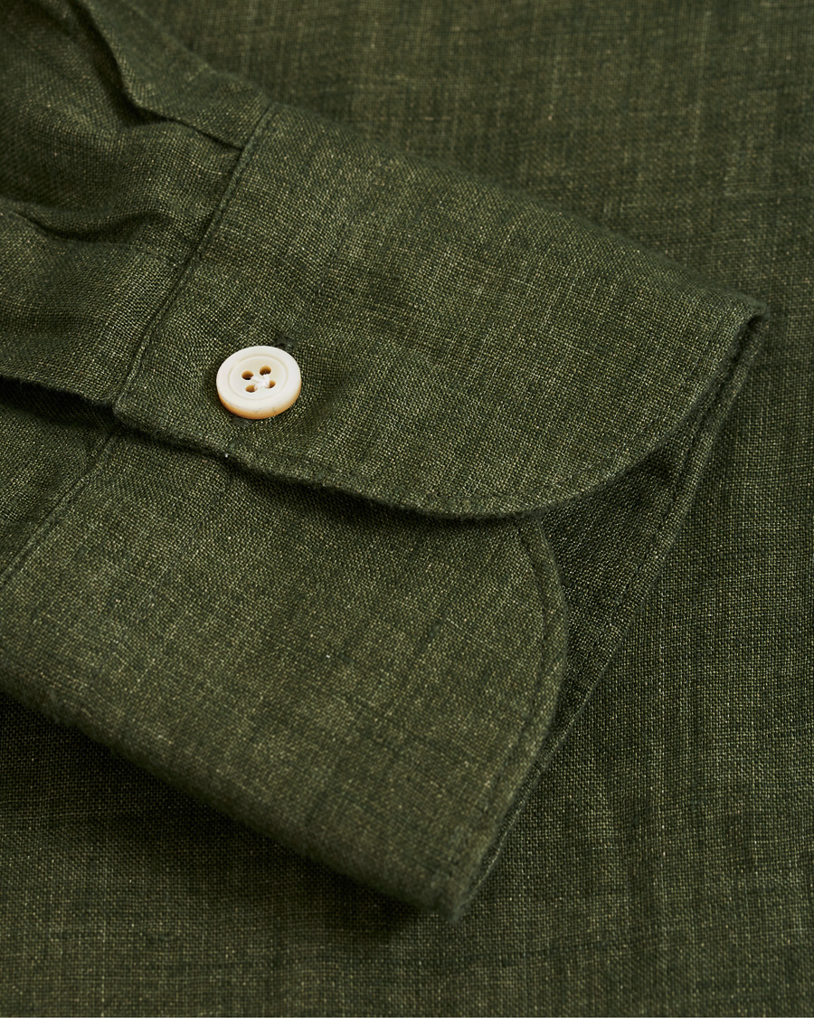 Homme | Chemises | Finamore Napoli | Tokyo Linen Pocket Sport Shirt Forest Green