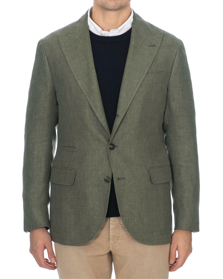 Homme | Blazers | Brunello Cucinelli | Linen Hopsack Peak Lapel Blazer Olive Green