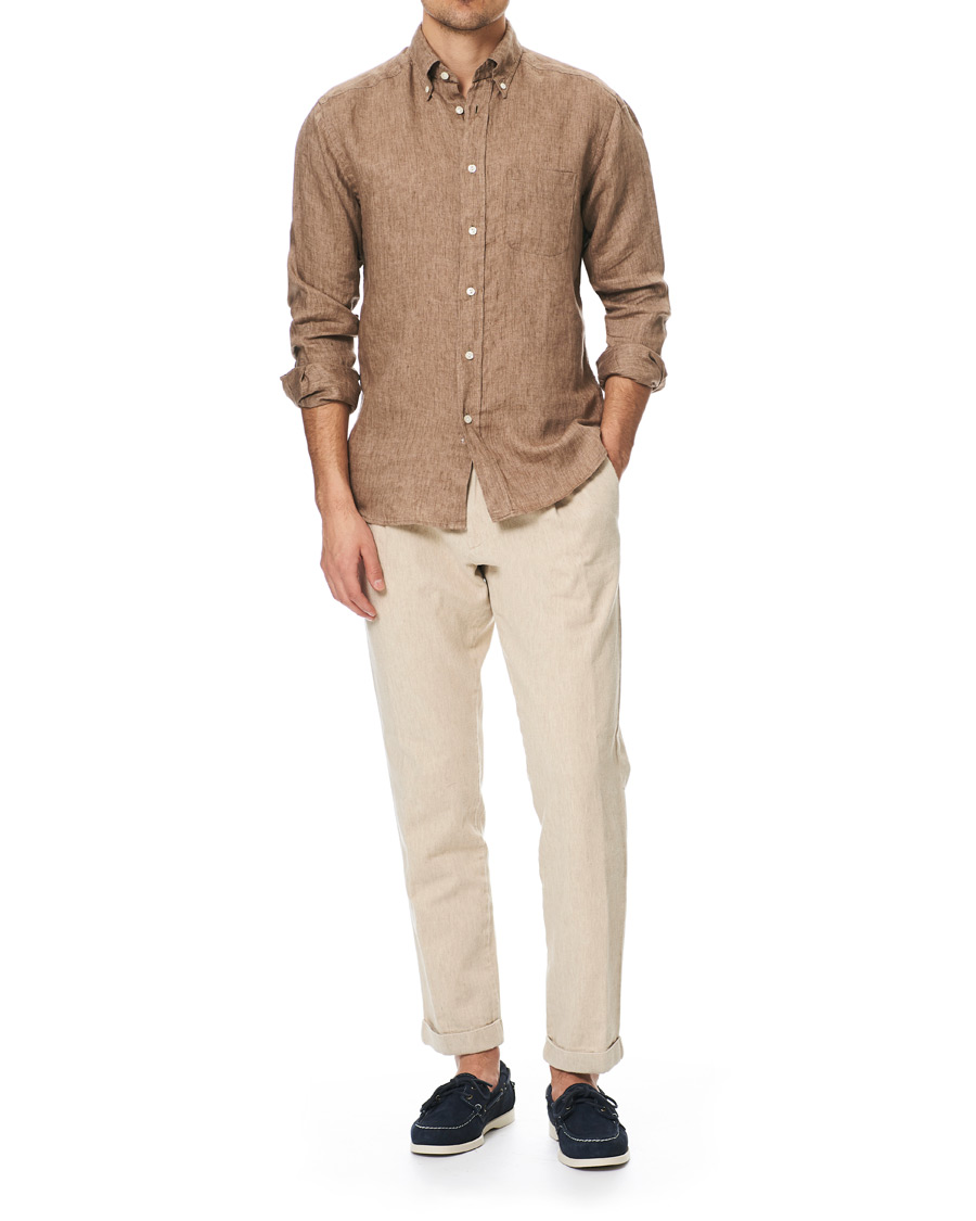 Homme | Chemises | Eton | Slim Fit Linen Button Down Shirt Light Brown