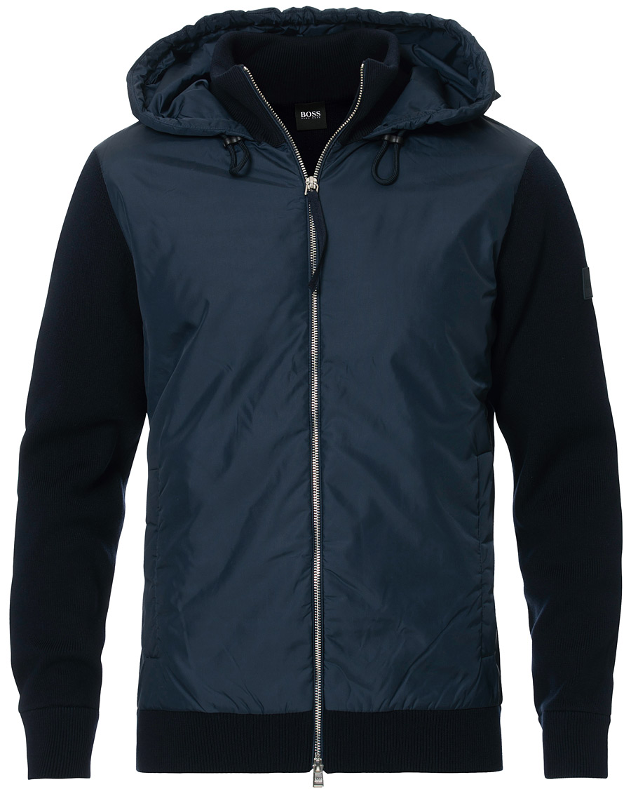 Homme | Manteaux Et Vestes | BOSS BLACK | BOSS Ofabio Hybrid Knitted Full-Zip Hoodie Dark Blue