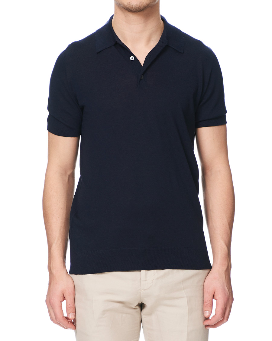 Homme | Polos | Johnstons of Elgin | Superfine Worsted Merino Short Sleeve Polo Dark Navy