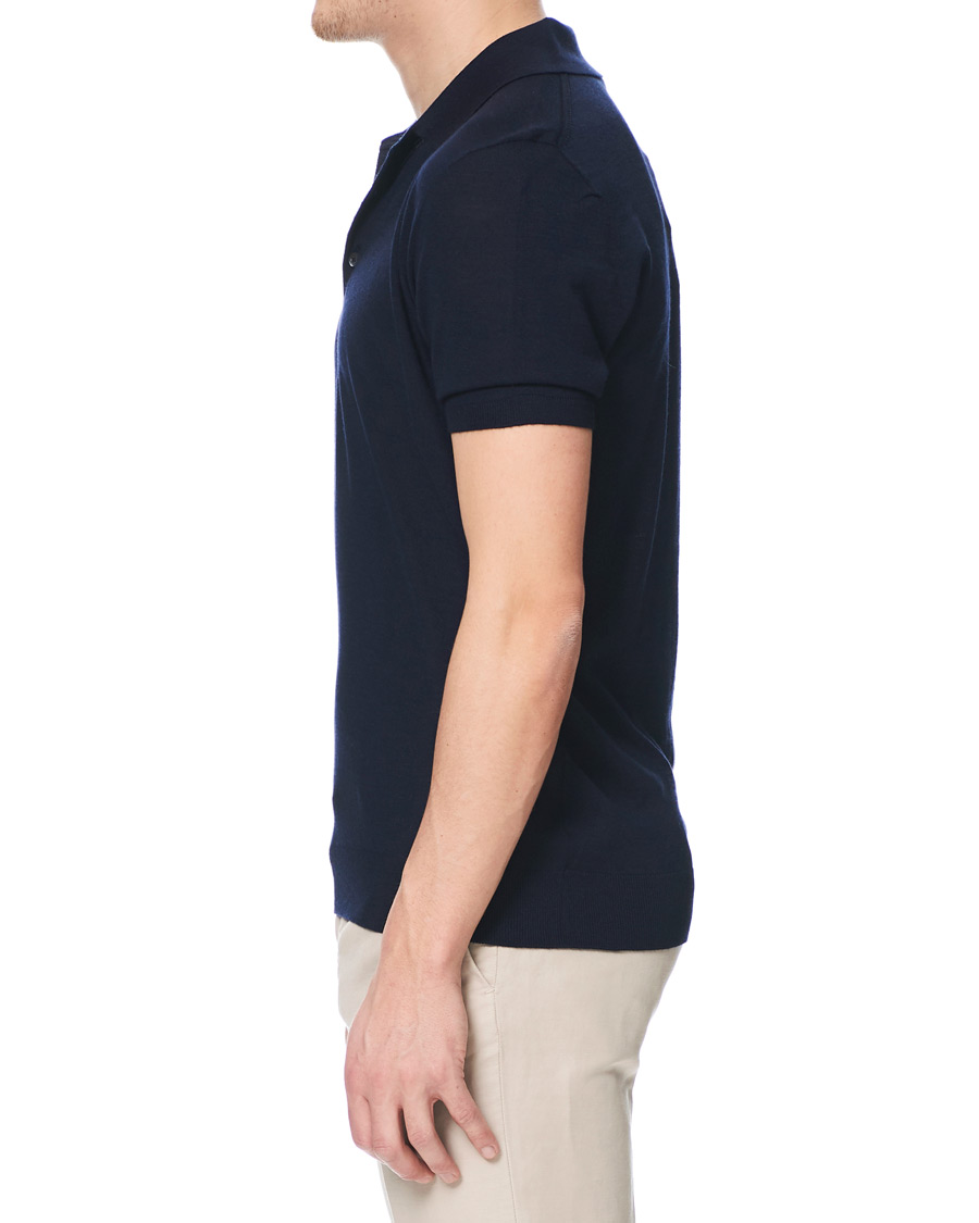 Homme | Polos | Johnstons of Elgin | Superfine Worsted Merino Short Sleeve Polo Dark Navy