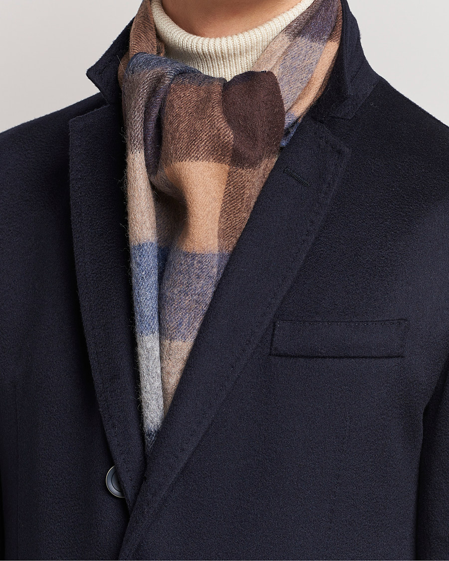 Homme | Amanda Christensen Merino Wool Block Check Scarf Navy/Brown | Amanda Christensen | Merino Wool Block Check Scarf Navy/Brown