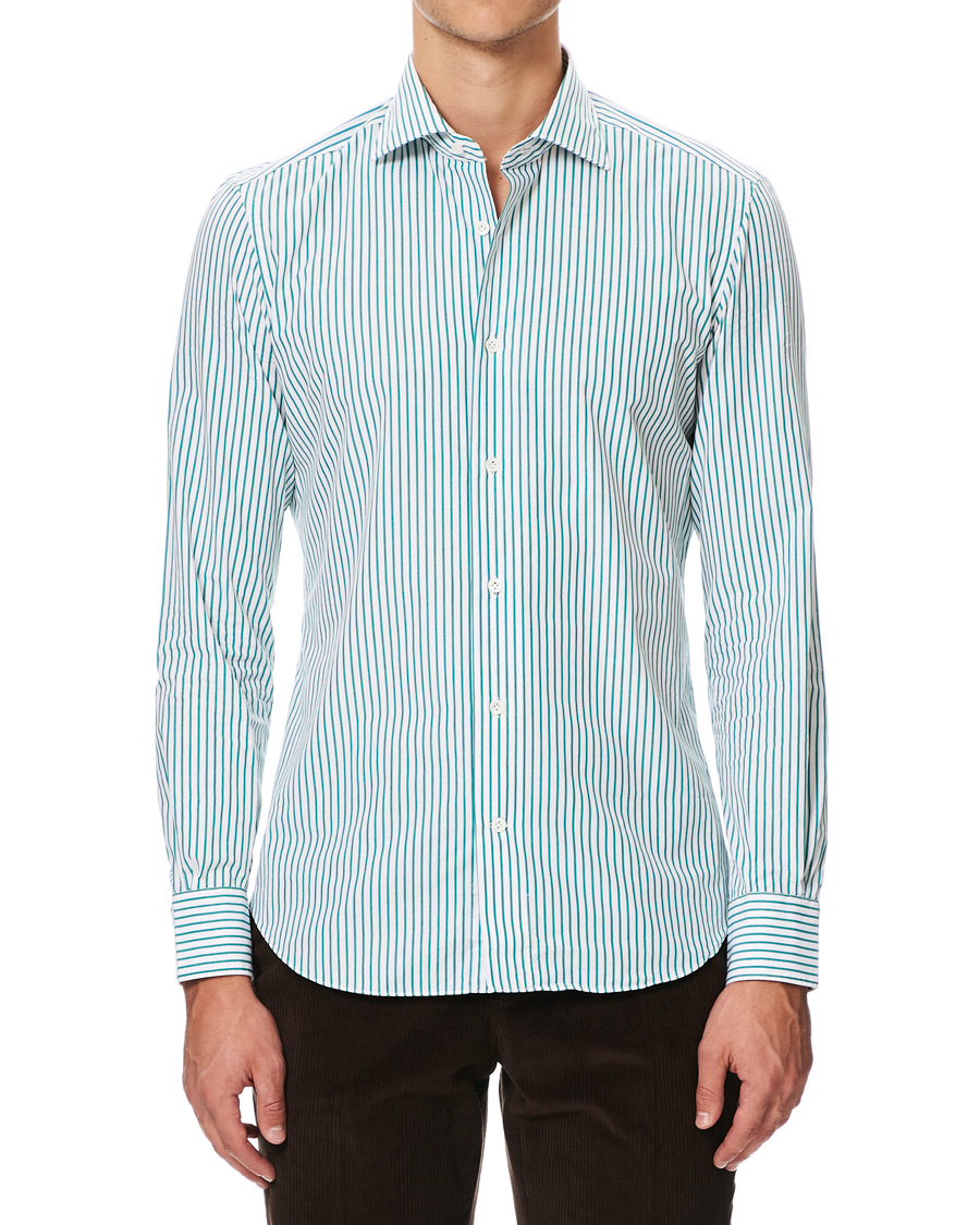 Homme | Chemises | Mazzarelli | Soft Striped Cut Away Shirt White/Green