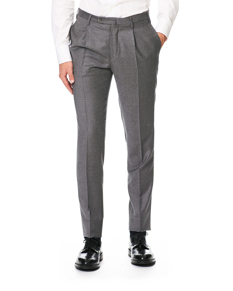 Homme | Pantalons | Incotex | Slim Fit Pleated Flannel Trousers Grey Melange