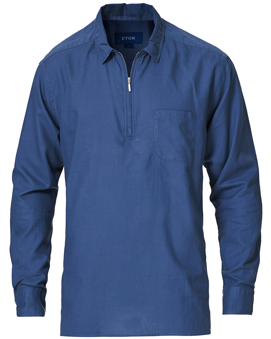 Heren | Overhemden | Eton | Slim Fit Cotton Half Zip Shirt Blue