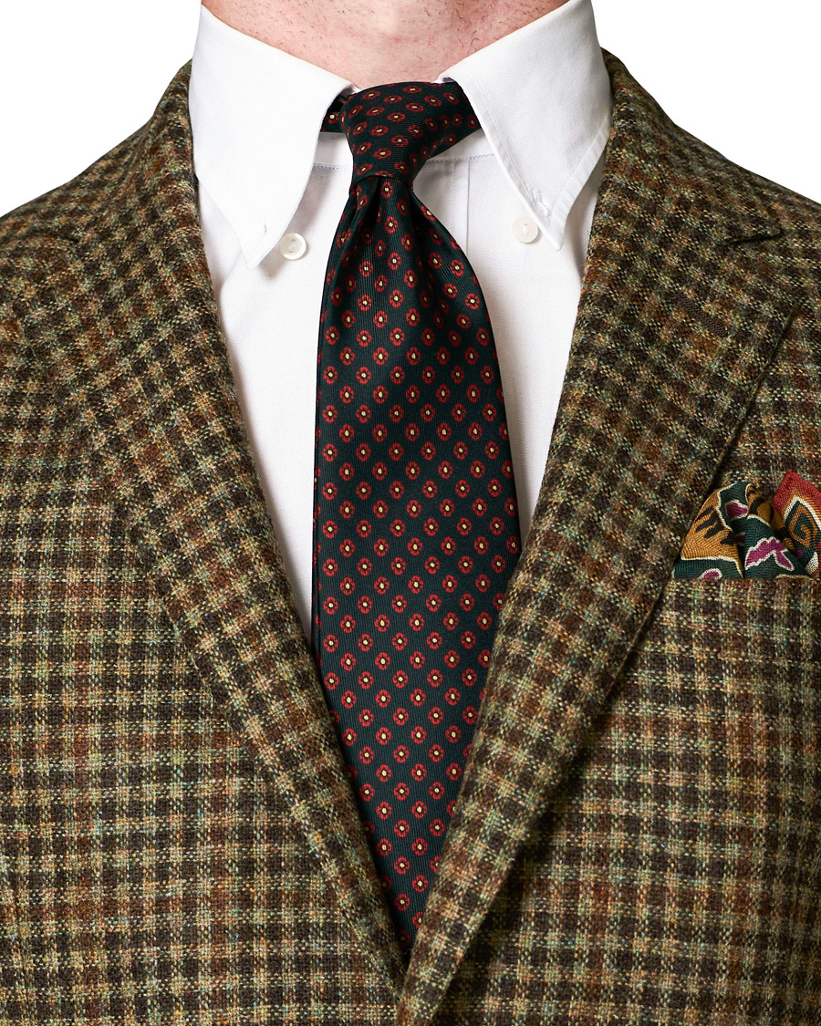 Homme | Drake's Printed Silk Flower 8 cm Tie Green | Drake's | Printed Silk Flower 8 cm Tie Green
